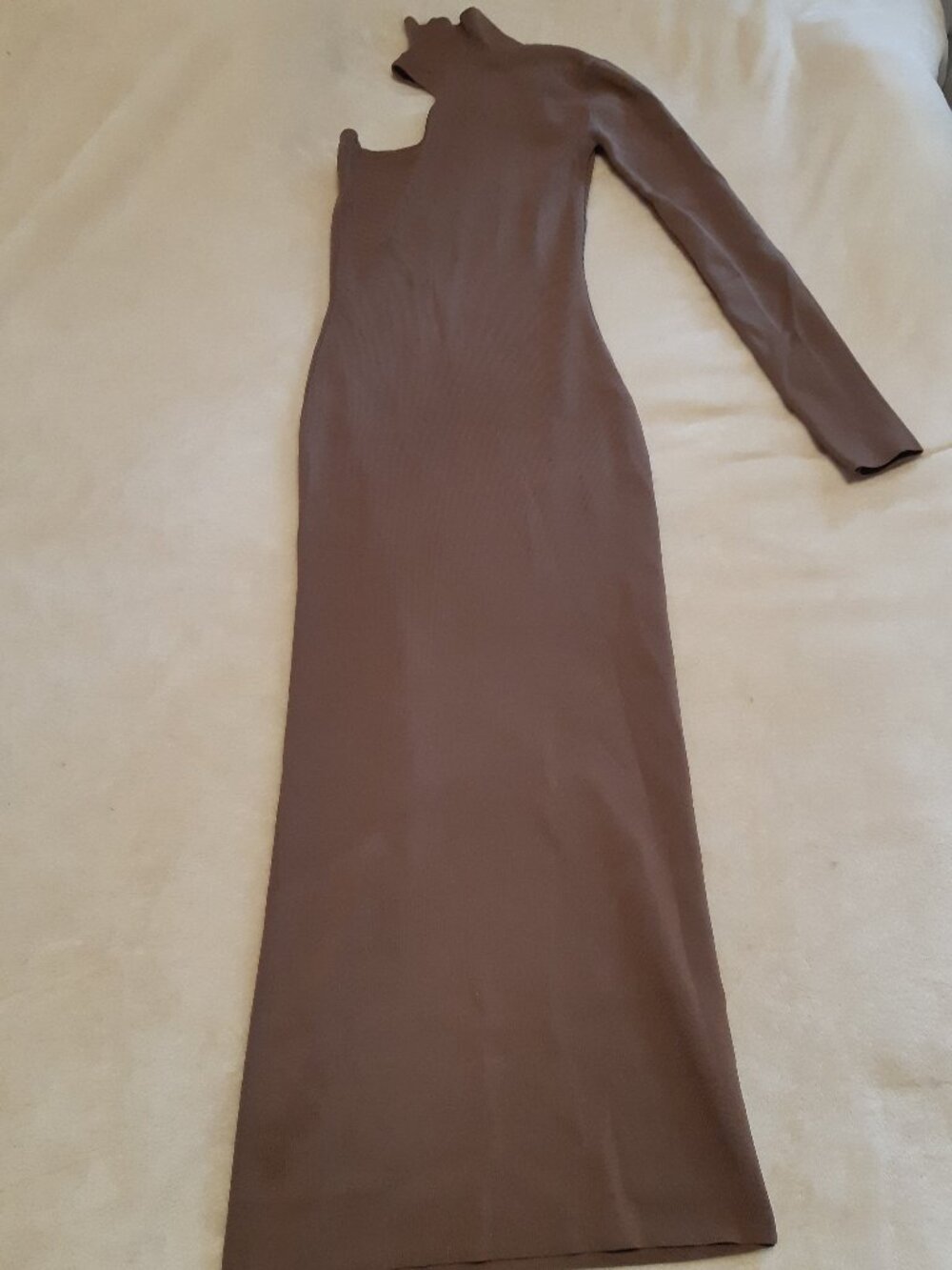 ZARA Taupe Brown Knit Asymmetrical One Shoulder Cut Out Maxi Dress Size Small